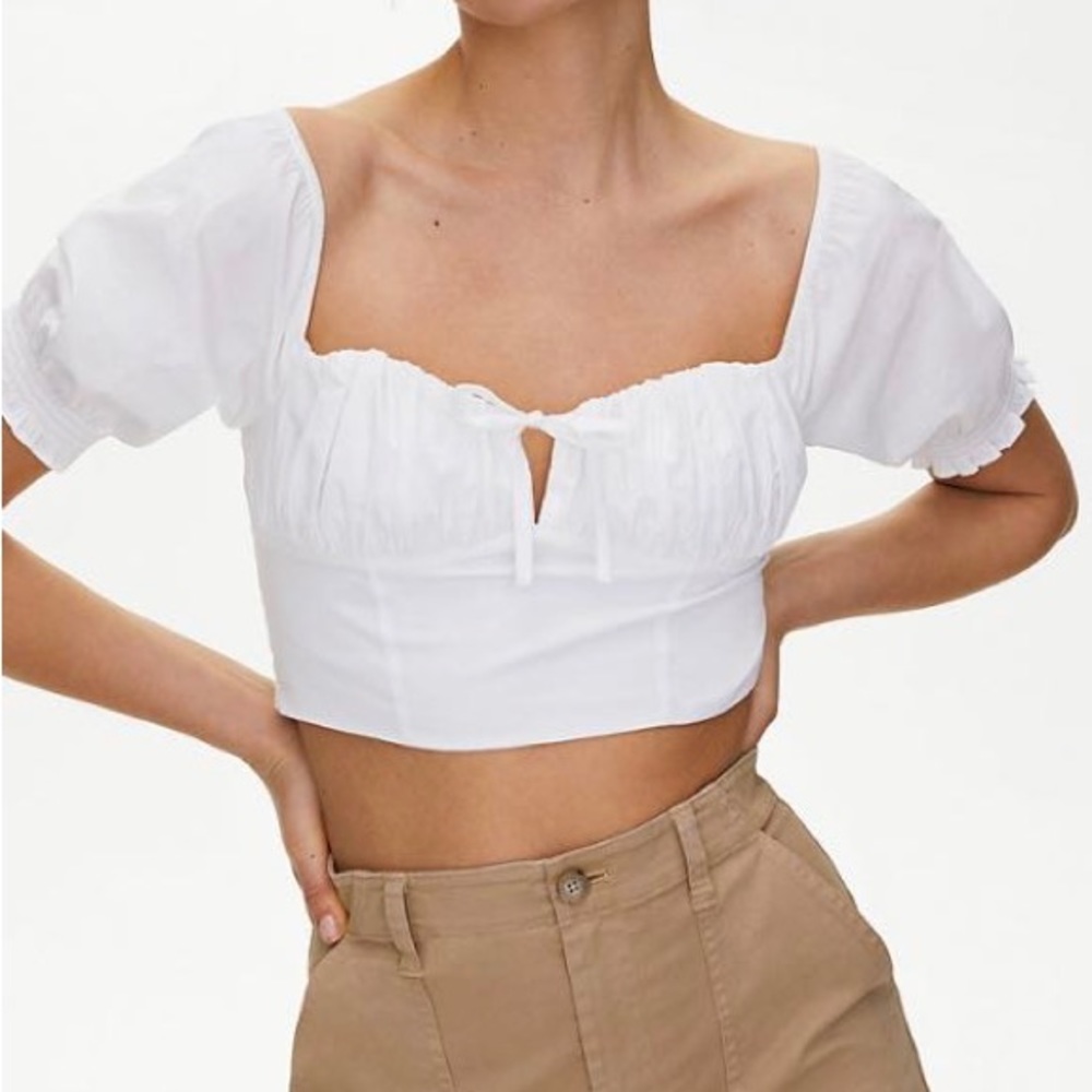 Aritzia Sunday Best Countess Blouse Medium Blue Glimmer Top Shirt puff bustier